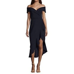 Navy High-Low Off-The-Shoulder Midi Dress